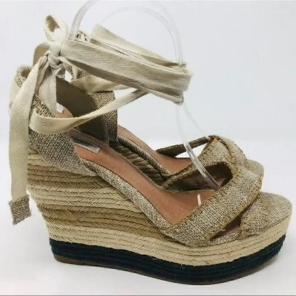 Halogen womans nude lace up Espadrille wedges sz 10 BoxP